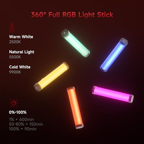 PHOTOOLEX RGB Tube Light, Mini LED Video Light Wand, Magnetic Light Stick | 190mm/2600mAh/Rechargeable/Handheld/2500-9900K/360° Full Color/CRI 96+, Photography Light Bar for TikTok YouTube