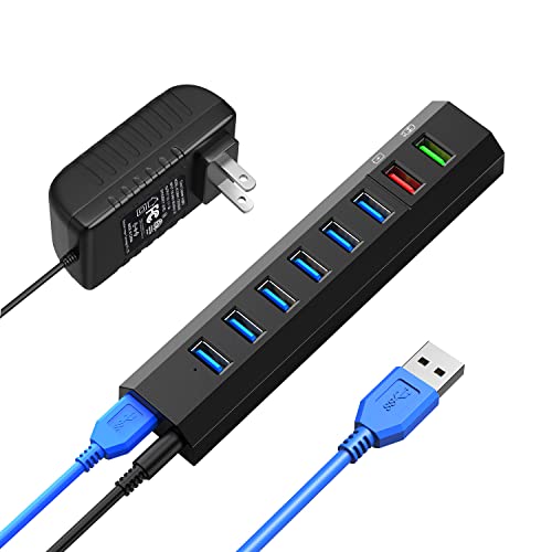 RAOYI Powered USB 3.0 Hub, 8 Ports High Speed USB 3.0 Hub Splitter with 36W Power Adapter, 3.3ft Cable and Smart Fast Charger USB Hub for Laptop, PC, Mobile HDD, Mulitple Devices (Black) - size: Black, style: 8-Port 36W Trapezoid