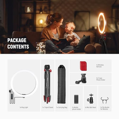 NEEWER Basics 10" Selfie Ring Light with Tripod Stand/2 Phone Holders Compatible with iPhone/QR Plate, Dimmable LED Ringlight Lighting for YouTube TikTok Vlog Video Recording Makeup Streaming, RP10-H