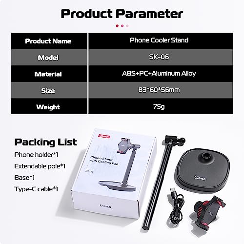 ULANZI SK-06 Cell Phone Stand with Phone Cooler, Desktop Phone Live Streaming Solution with Phone Cooling Fan, Height Adjustable Phone Cooler Stand Compatible with All Mobile Phones, iPhone & Android - color: SK06