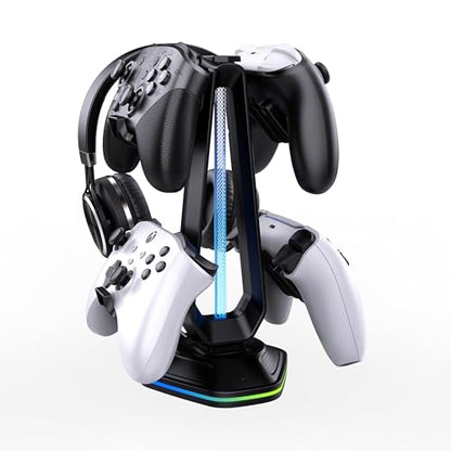 RGB Headset Stand with 9 Light Modes and 2 USB Charging Ports - Controller Holder for Desk - Headphone Stand & Detachable Controller Hook for PC Earphone Gaming Room Setup Accessories
