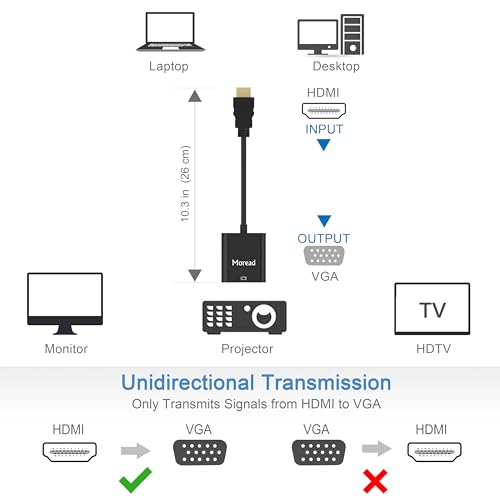 Moread HDMI to VGA, Uni-Directional Gold-Plated HDMI to VGA Adapter (Male to Female) for Computer, Desktop, Laptop, PC, Monitor, Projector, HDTV, Chromebook, Raspberry Pi, Xbox and More - Black