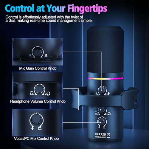 XLR/USB Gaming Microphone with Boom Arm, Dynamic Microphone with One-Touch Mute, Gain Control & Headphone Jack, RGB Podcast Microphone for Streaming, Recording, Vocal