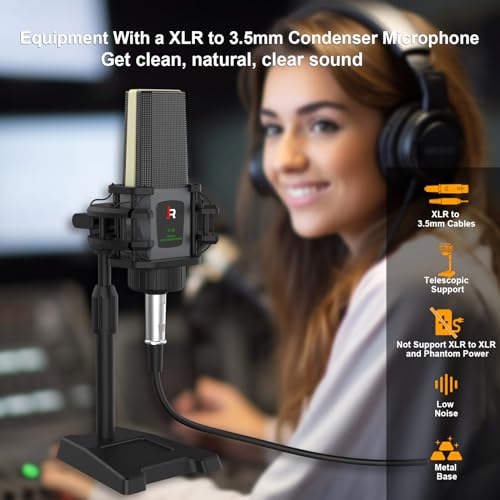 RHM M9 Podcast Equipment Bundle, All-in-One Starter Kit with Condenser Microphone & Tripod, Support Guitar or Bass Connection, 8H Battery, Portable Sound Mixer for TikTok, YouTube, PC, Smartphone