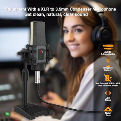 RHM M9 Podcast Equipment Bundle, All-in-One Starter Kit with Condenser Microphone & Tripod, Support Guitar or Bass Connection, 8H Battery, Portable Sound Mixer for TikTok, YouTube, PC, Smartphone
