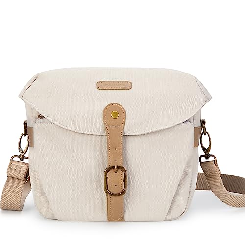 BAGSMART Canvas Crossbody Camera Bag with Rain Cover Women Men, Ivory White | SLR DSLR Camera Case, Compact Camera Shoulder Bag - color: 02-Ivory White