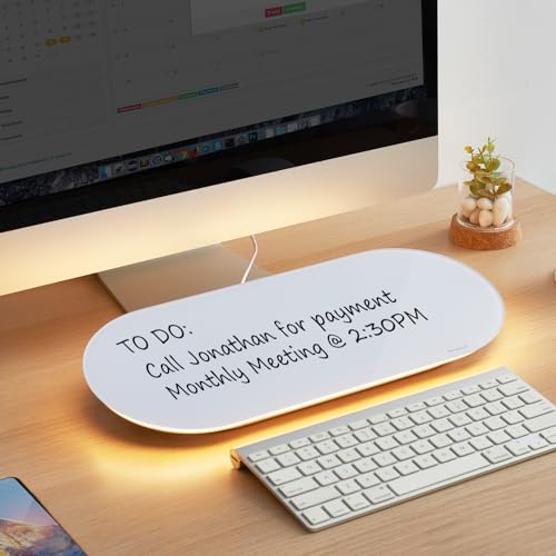 TSJ OFFICE Glass Desktop Whiteboard - 17 X 7 Inches Small Dry Erase Board with Warm White Light, Glass White Board Surface Notepad with 1 Drawer, Desk Organizers for Office, Home, School Supplies - color: Warm Light (White Glass)