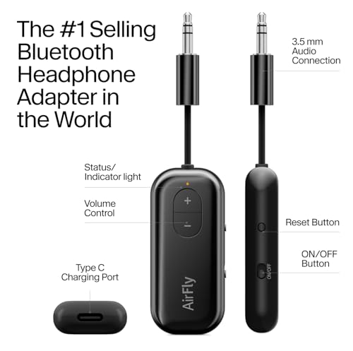Twelve South AirFly SE, Bluetooth Wireless Audio Transmitter for AirPods/Wireless or Noise-Cancelling Headphones; Use with Any 3.5 mm Audio Jack on Airplanes, Gym Equipment or iPad/Tablets (Black) - color: Black, style: AirFly SE