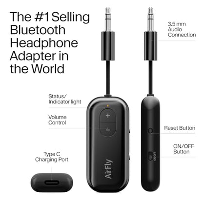 Twelve South AirFly SE, Bluetooth Wireless Audio Transmitter for AirPods/Wireless or Noise-Cancelling Headphones; Use with Any 3.5 mm Audio Jack on Airplanes, Gym Equipment or iPad/Tablets (Black) - color: Black, style: AirFly SE