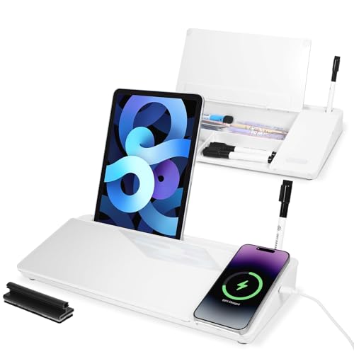 Small Glass Desktop Whiteboard Dry Erase Board with Wireless Charger Station - Computer Pad Keyboard Stand with Organizer for Home, School, Office Desk Accessories