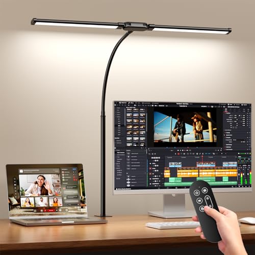 SKYLEO LED Desk Lamp with Clamp - Double Head Desk Light with Remote and Touch - Eye Protection - 12 W, 5 Color Modes, Timer and Memory Function, Flexible Gooseneck - for Office, Reading - Black - color: Black, size: 24" Lamp Length