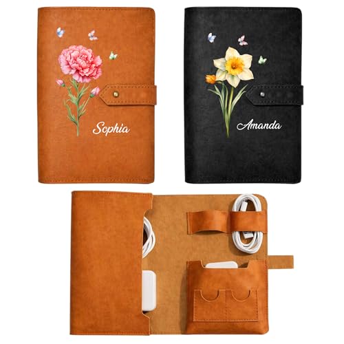 Personalized Leather Cable Organizer Bag - Custom Travel Tech Pouch for Cords and Chargers, Electronics Organizer Case, Compact Charger Organizer, Gift for Travelers (Custom Birth Month Flower) - color: Custom Birth Month Flower