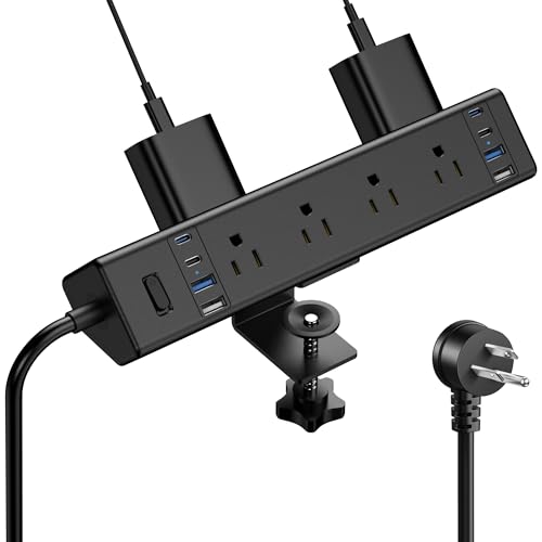 40W Fast Charging Station,Desk Clamp Power Strip 20W USB C,8 Outlets,8 USB Ports,4 USB C and 4 USB A, Office Furniture Nightstand Edge Mount Surge Protector, 14AWG Cord, Fits 1.9" Tabletop Edge - color: Black, size: 6FT Length