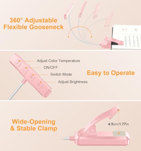 Gritin 2026 Gen 2 Book Light for Reading- 32 Eye Caring Full Spectrum LED | 5 Colors & 5 Brightness, Adjustable Wide/Narrow Beam, Upgrade 1500mAh Long-Lasting Rechargeable Clip on Light-Pink - color: Pink