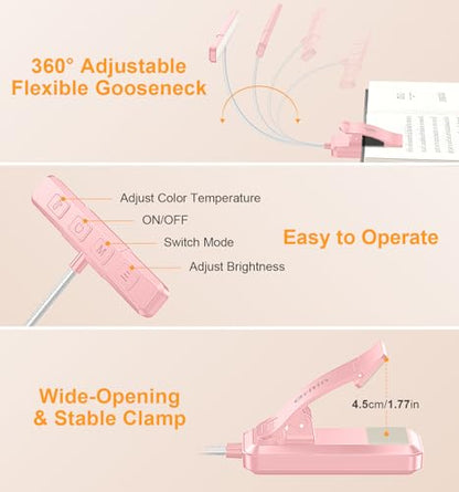 Gritin 2026 Gen 2 Book Light for Reading- 32 Eye Caring Full Spectrum LED | 5 Colors & 5 Brightness, Adjustable Wide/Narrow Beam, Upgrade 1500mAh Long-Lasting Rechargeable Clip on Light-Pink - color: Pink