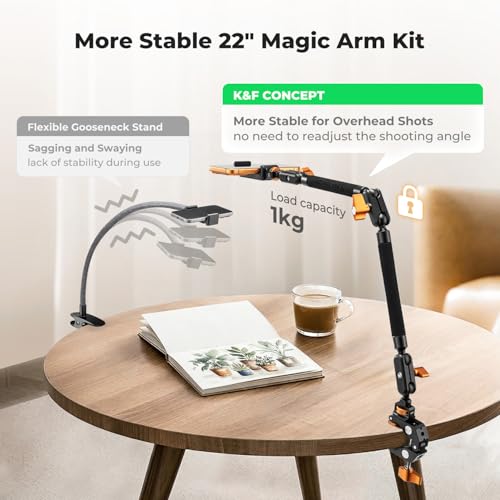K&F CONCEPT 22" Magic Arm Clamp Kit, Overhead Desk Camera Mount, Long Articulating Friction Boom Arm for Phone, Action Camera, LED Light, Microphone