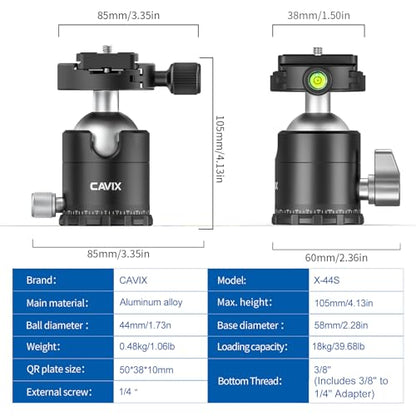 CAVIX 360°Panoramic Ball Head Tripod Head, 18kg(39.7lbs) Load Capacity, 44mm Metal Ball Head with 1/4" Arca-Swiss Quick Release Plate for Tripod Monopod Slider DSLR Camera Camcorder - size: Ball Dia. 44mm