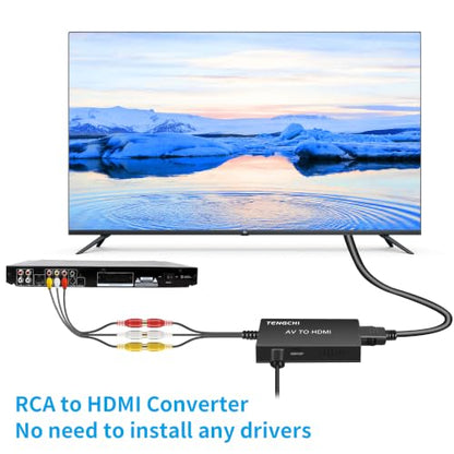 Tengchi RCA to HDMI Converter, Composite to HDMI Adapter Support 1080P PAL/NTSC Compatible with PS one, PS2, PS3, STB, Xbox, VHS, VCR, Blue-Ray DVD Players