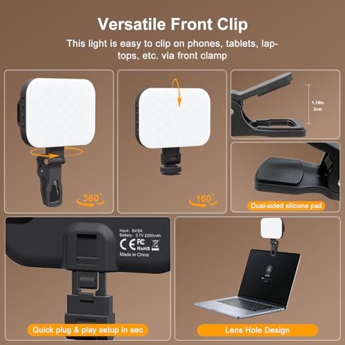 Selfie Light, 60 LED Rechargeable Video Lighting, Portable Video Conference Light w Clip & Camera Hot Shoe Mount Adapter, 2200mAh Battery CRI97+, Clip-On Fill Lights for Phone Webcam Laptop Camera