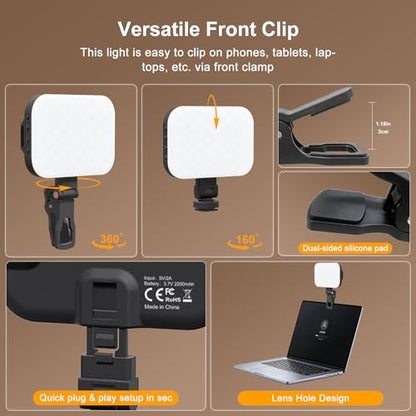 Selfie Light, 60 LED Rechargeable Video Lighting, Portable Video Conference Light w Clip & Camera Hot Shoe Mount Adapter, 2200mAh Battery CRI97+, Clip-On Fill Lights for Phone Webcam Laptop Camera