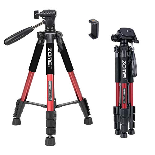 55" Tripod Q111 Travel Camera Tripod with 3-Way Pan Head and Phone Holder Mount for Gopro,Projector,Smartphones Webcam,Spotting Scopesto Live Broadcast and DSLR EOS Canon Nikon Sony Samsung(Red) - color: Red, size: 55"
