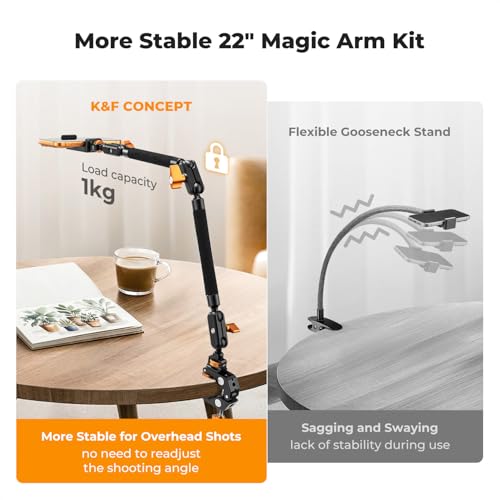 K&F CONCEPT 22" Magic Arm Clamp Kit, Overhead Desk Camera Mount, Long Articulating Friction Boom Arm for Phone, Action Camera, LED Light, Microphone
