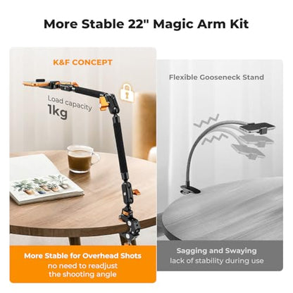 K&F CONCEPT 22" Magic Arm Clamp Kit, Overhead Desk Camera Mount, Long Articulating Friction Boom Arm for Phone, Action Camera, LED Light, Microphone