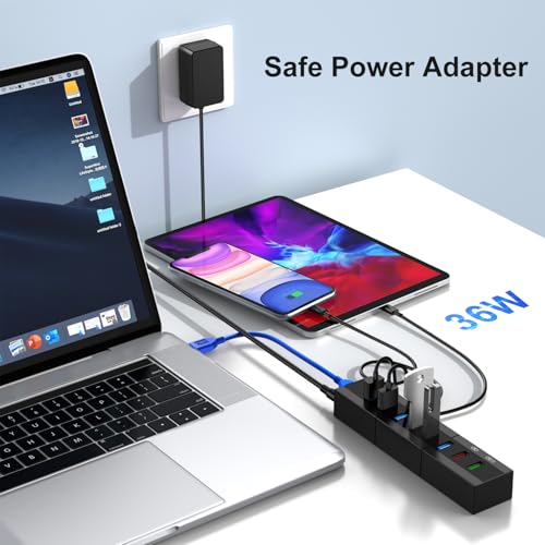 Powered USB 3.0 Hub, RAOYI 8 Ports High Speed USB 3.0 Hub Splitter with 36W Power Adapter, 3.3ft Cable and Smart Fast Charger USB Hub for for Laptop, PC, Mac, Mobile HDD, Mulitple Devices (Black) - size: Black, style: 8-Port 36W Rectangle