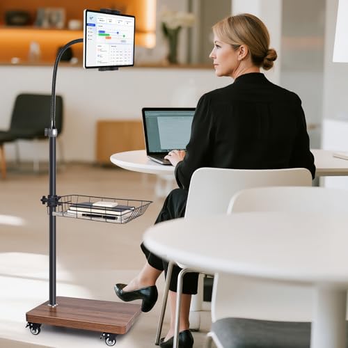 wishacc Adjustable Floor Tablet Stand with Rolling Base, Flexible Gooseneck Mount, Wood Platform, Mobile Device Holder for Indoor Use - size: 15.4 x 11 x 11 inches