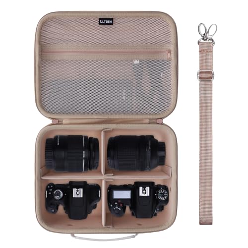 L LTGEM Medium Camera Case Compatible with Canon/Sony/Nikon DSLR Mirrorless Camera and Multiple Lens, Hard Travel Carrying Case with 3 Dividers and Shoulder Strap, Beige - color: Beige, size: Medium
