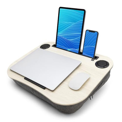 Portable Lap Desk for Computer Laptop, Tablets, Phones | Built-in Bluetooth Speakers | for Home Office | College (Bleached Wood) - color: Bleached Wood