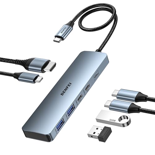 BENFEI USB C HUB 6-in-1 with HDMI(4K@60Hz), 100W Power Delivery, 10Gbps 2*USB-A and 2*USB-C, Silicone Cable, Aluminum Case Compatible with iPhone 15 Pro/Max, MacBook, iPad Pro, iMac, S23, XPS17