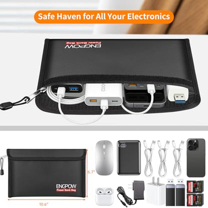 ENGPOW Fireproof Organizer Travel Bag,Heat Insulated＆Explosion-Proof Electronic Carry Case,Portable Home Travel Safe Storage for Power Bank,Phone,Cables,USB Drive＆Charging Protection, 10.6''x6.7'' - size: 10.6'' x 6.7''