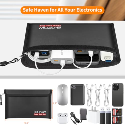 ENGPOW Fireproof Organizer Travel Bag,Heat Insulated＆Explosion-Proof Electronic Carry Case,Portable Home Travel Safe Storage for Power Bank,Phone,Cables,USB Drive＆Charging Protection, 10.6''x6.7'' - size: 10.6'' x 6.7''