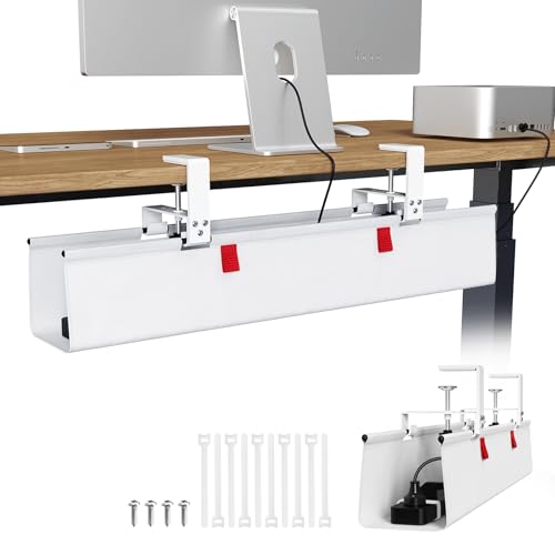 KEEGH No Drill Under Desk Cable Management Tray - 28" Cord Management Under Desk - Clamp/Screw Mount - Support Upto 70lbs - Fabric Wire Management - Gaming/PC Cable Raceways for Office/Home, White - color: White, size: Regular (28 Inch)