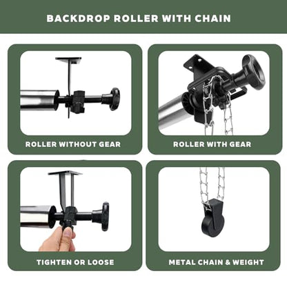 Photography Backdrop Roller Support System, 1 Roller with Metal Chain, 120-inch Stainless Steel Crossbar - color: Silver Metal Chain