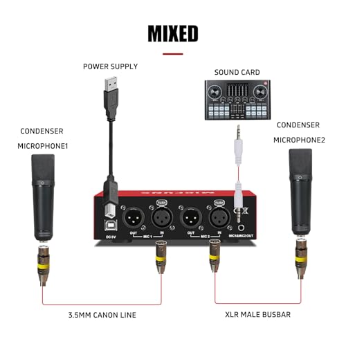 MC new 2 Channel 48V Phantom Power Supply with 3.5mm Audio Cable to Connect Audio Interface for Condenser Microphone Music Recording Equipment (MC2-new red)
