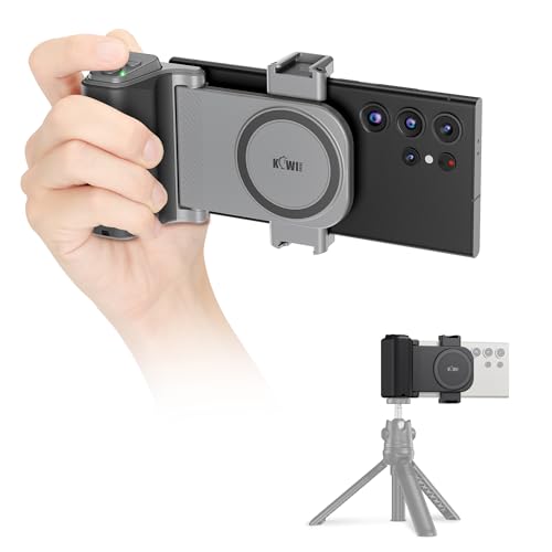 KIWIFOTOS Travel Phone Camera Grip Smartphones Camera Handle | for iPhone 17 16 Pro Max Galaxy S25 S24 Selfie Vlog Video Shooting, with Cold Shoe Mount, without Tripod, Bluetooth remote - color: Clip on Phone Camera Grip Gray