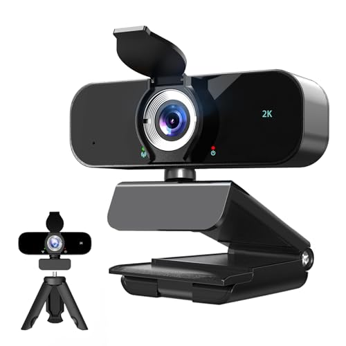 2K Webcam for Computer, USB Plug&Play, Auto Low Light Correction, Privacy Cover, Tripod, Wide Angle for Meeting/Online Video/Zoom, Web Cam with Microphone