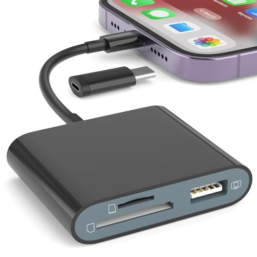 SD Card Reader for iPhone, Memory Card Reader with USB-C to Light-ning Adapter Plug and Play Trail Game Camera Micro SD Card Viewer Support SD/TF Card and USB for iPad No App Required (Black) - color: Black