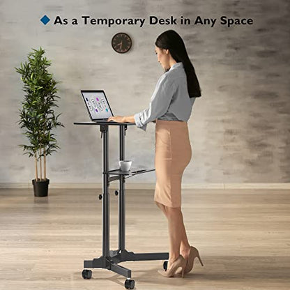 BONTEC Lecterns & Podiums Portable Mobile Standing Laptop Desk, Height Adjustable, Sit Stand, Home Office Classroom Pulpit Stand Up Desk Workstation, Rolling Table Laptop Cart with Storage Tray, White - color: Black