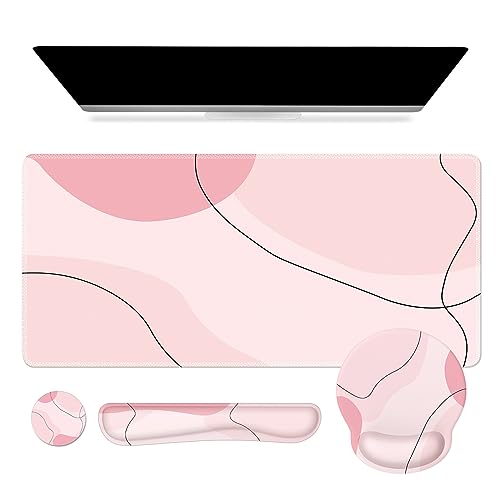 iCasso Large Gaming Mouse Pad Wrist Support Set, Desk Mat, 4in1 XXL Mousepad + Keyboard Wrist Rest+Mouse Wrist Rest+Coaster Set with Ergonomic Design for Home Office Table Computer-Pink Art - color: Pink Art