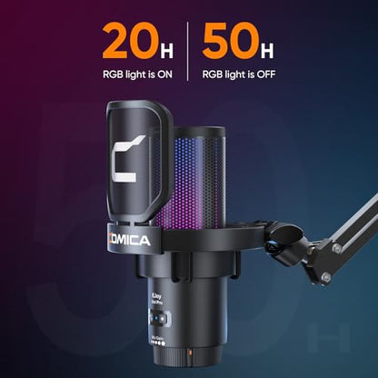 COMICA EJoy Uni Pro Wireless USB Condenser Gaming Microphone for PC, PS4, PS5, USB C Phone and Mac, Boom Arm RGB Computer Mic for Twitch, Streaming, Podcasting, Noise Cancellation Mic with Mute, Gain - color: Black