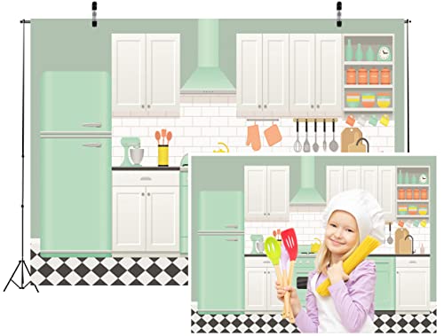 5x3ft Fabric Home Kitchen Backdrop Cartoon Christmas Kitchen Backdrop for Photography Xmas Birthday Party Decorations Baking Room Background for Kids Video Photo Shoot Props - size: 5x3FT