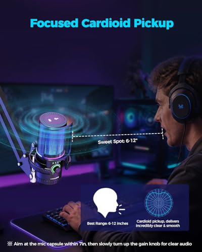 SINWE Gaming Microphone with Adjustable Boom Arm- USB PC Mic for Streaming, Gaming, Podcasts, PC, PS4 -Includes Pop Filter, Shock Mount, Quick Mute & RGB Lighting,Noise Cancelation & Gain Control
