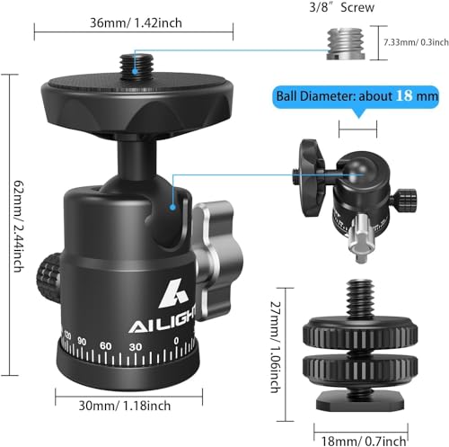 Ailight Mini Ball Head, 360° Panoramic Tripod Head, Universal 1/4" to 3/8" Screw Adapter Swivel Mini Ball Head Screw Tripod Mount, Dual Cold Shoe Mount for DSLR Cameras Camcorder（2 Pack - size: 2 pack