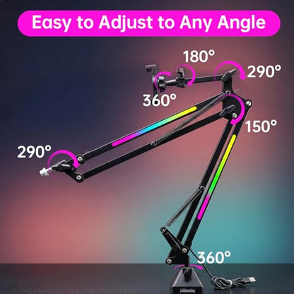 2 in 1 Microphone Arm Stand with Phone Holder, RGB Button Suspension Scissor Mic Boom Arm for Gaming/YouTube/Music Recording, 3/8" Desk Mount Clamp Metal Adjustable Mic Stand for Streaming Podcasting