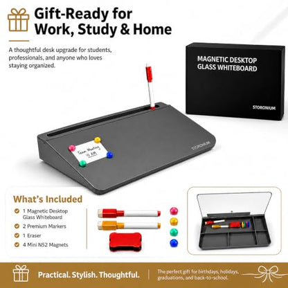Glass Desktop Magnetic Whiteboard with Storage, Frosted Glass Dry Erase Board for Desk, Desk Organizer with Strong Magnets and Phone Stand for Home Office and School Supplies