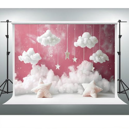 YongFoto Cute Sky Clouds Star Pink Backdrop 10x5ft Kids Photography Background Boy Girl Birthday Baby Shower Cradle Ceremony Party Banner Child Portrait Photoshoot Wallpaper Photo Studio Booth Props - color: Pink, size: 10ftx5ft