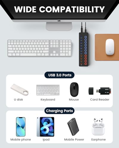 Powered USB Hub 11 Port USB 3.0 Splitter with 7 Data Ports + 4 Smart Charging Ports, Individual On/Off Switches & LED Indicators, Includes 36W Power Adapter for Mac PC Laptop